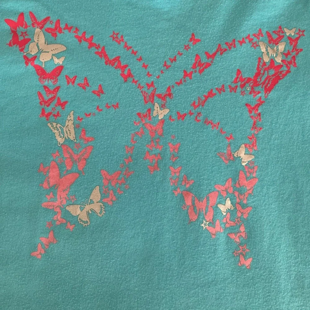 Children’s Place Shirt Girl L 10-12 Blue Short Cap Sleeves Lightweight Butterfly